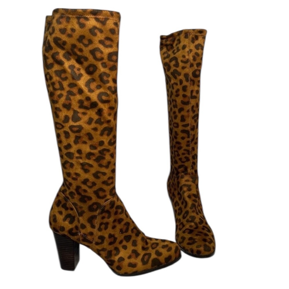 Boden stretch leopard print knee high block heel boots